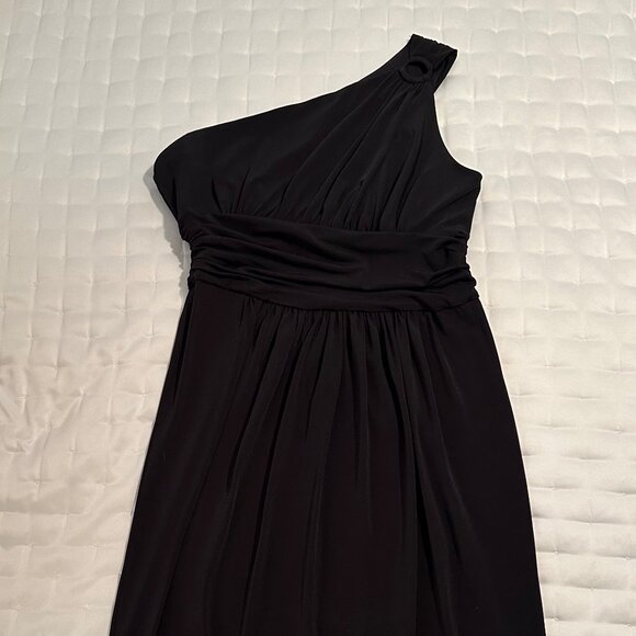 Maggie London One-Shoulder Midi Sheath Black Dress, size 16 - Picture 4 of 5